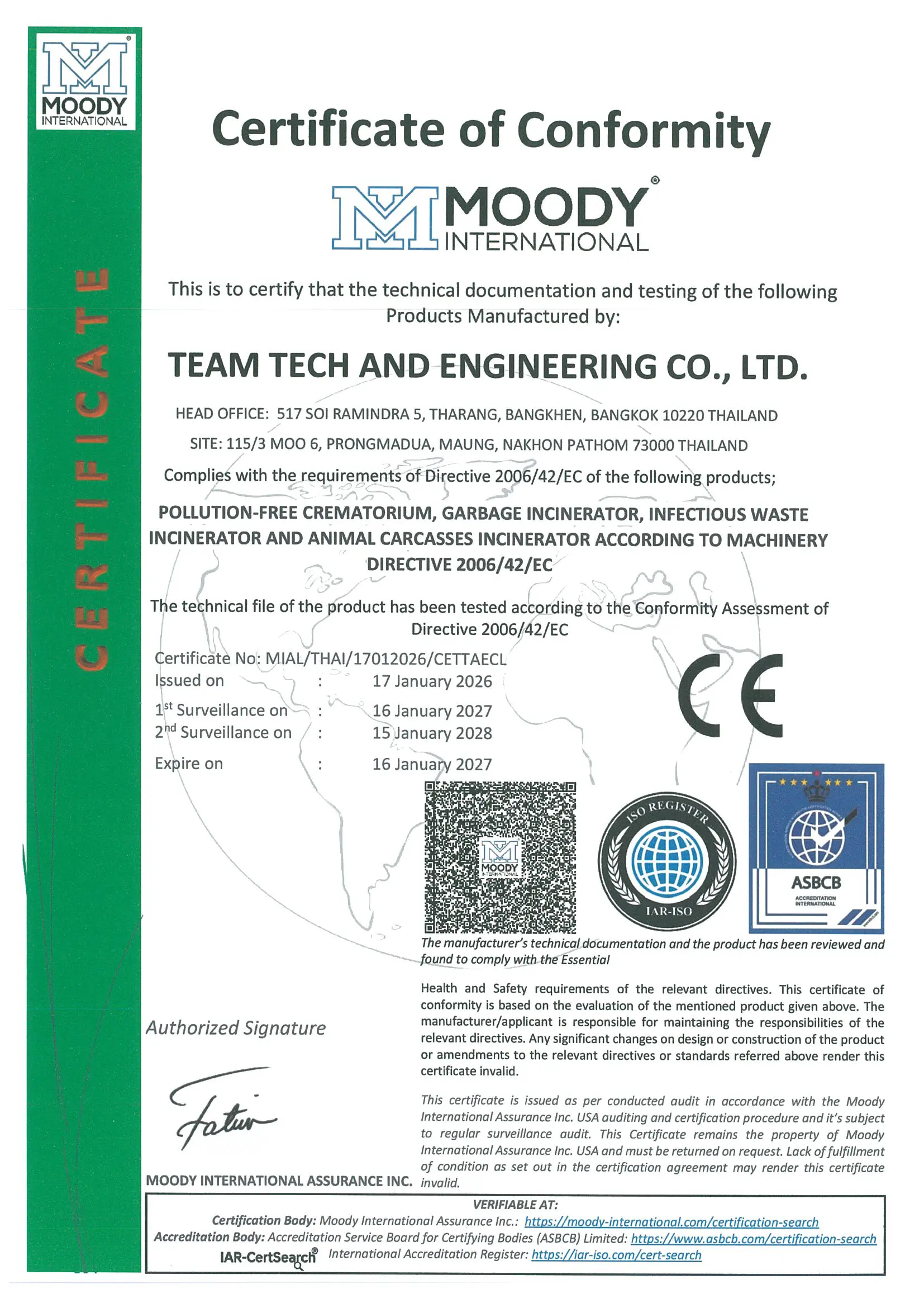 Certificate of Conformity for TEAM TECH AND ENGINEERING CO., LTD.